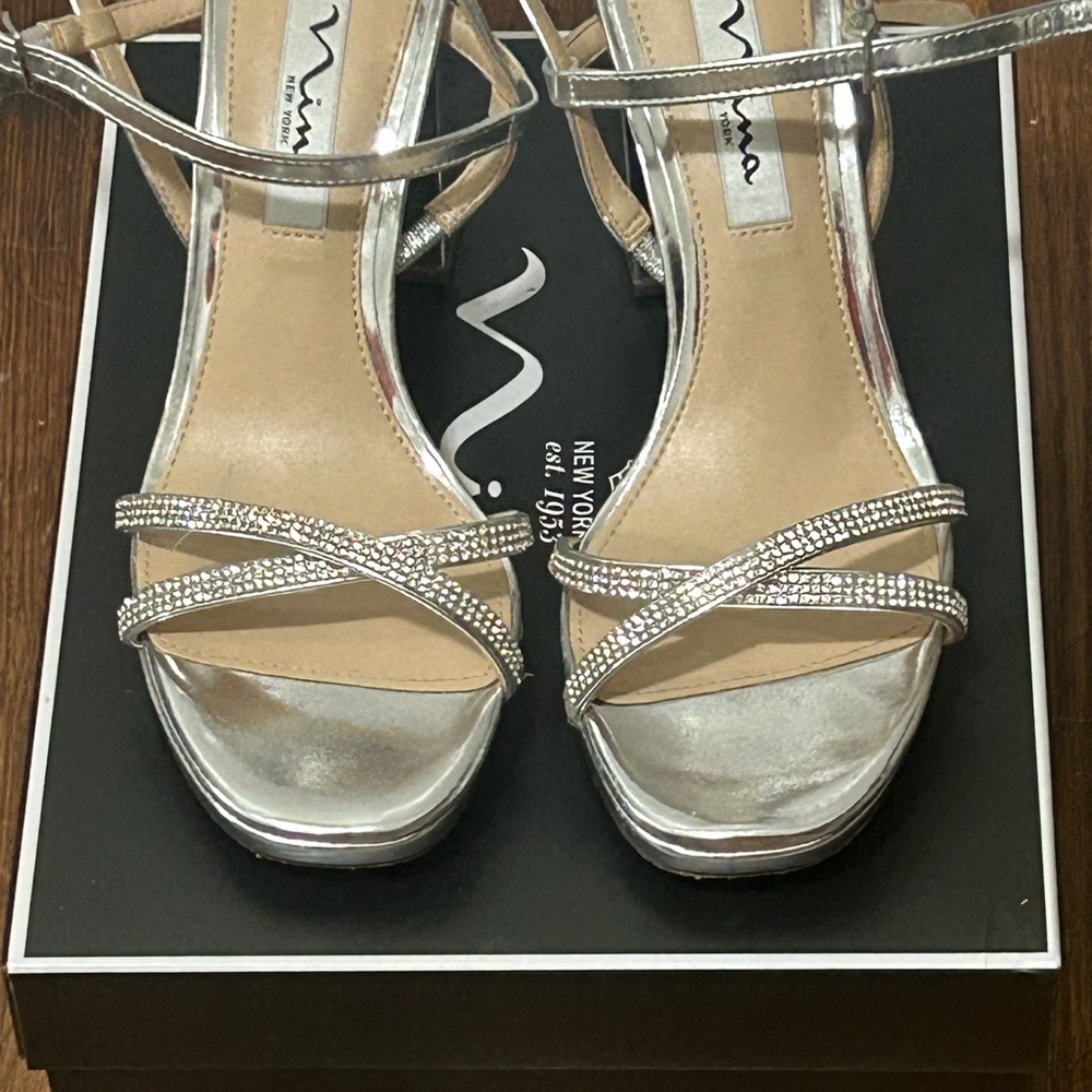 Nina Silver High Heel Sandals with Rhinestone Straps